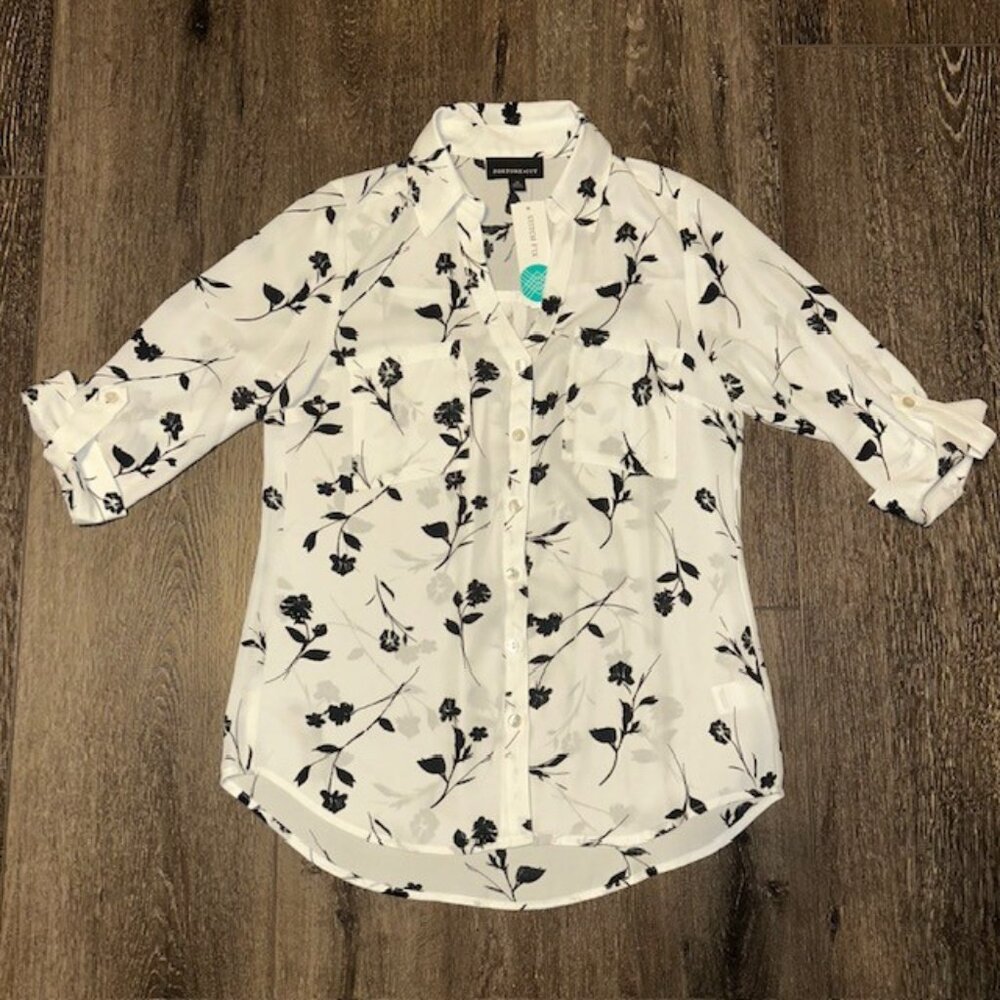 Fortune +Ivy Size XS White And Black Blouse With Long Roll Tab Sleeves NWT NEW